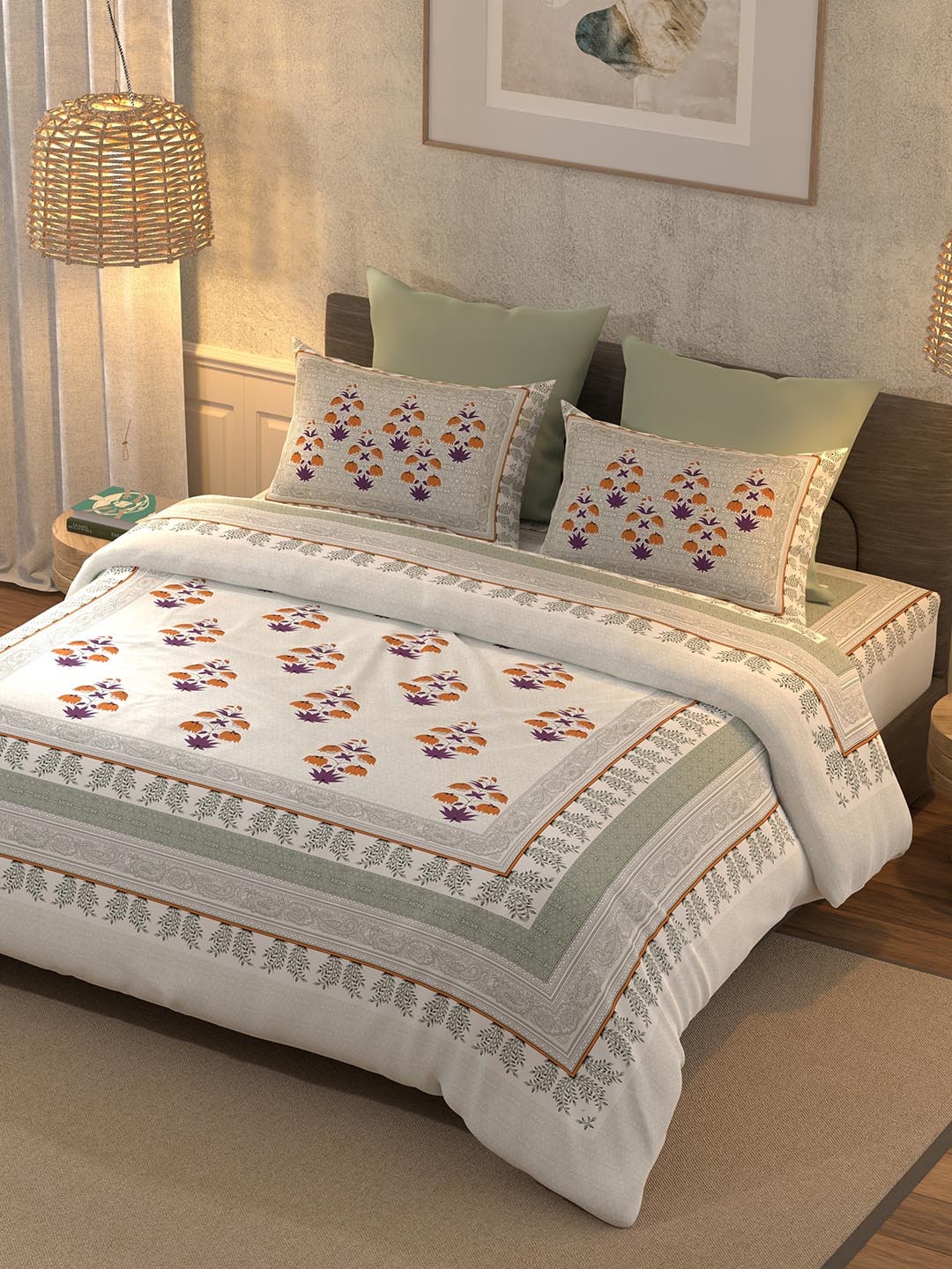 BELLA CASA Grey & Off White Ethnic Motifs 350 TC Cotton King Bedsheet with 2 Pillow Covers - Distacart