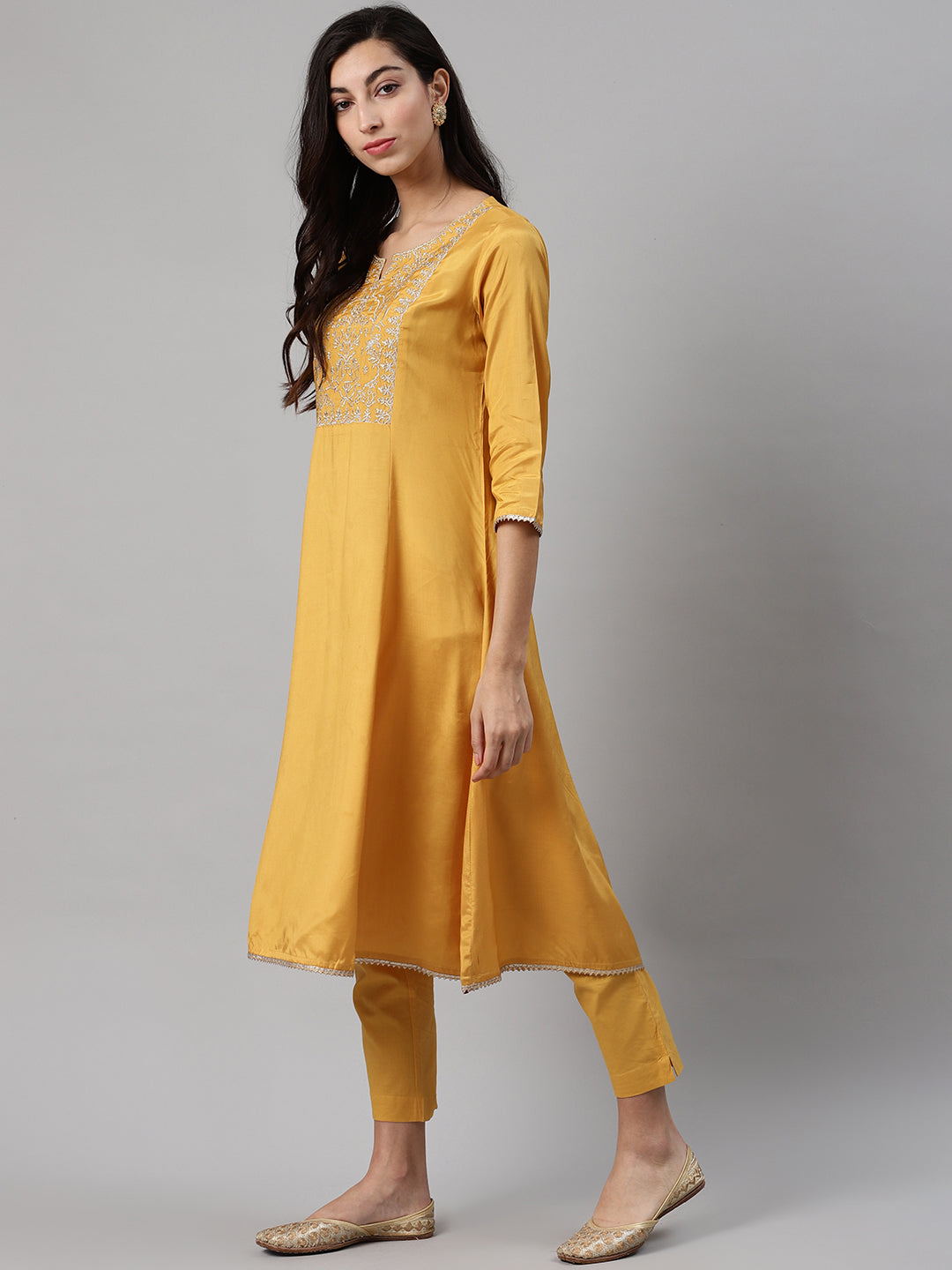 Biba Women Mustard Yellow Yoke Design Kurta with Trousers & Dupatta - Distacart
