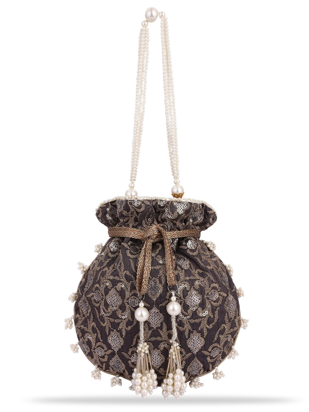 Masq Black & White Pearl & Sequinned Work Embellished Potli Clutch - Distacart