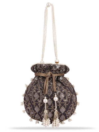 Masq Black & White Pearl & Sequinned Work Embellished Potli Clutch - Distacart