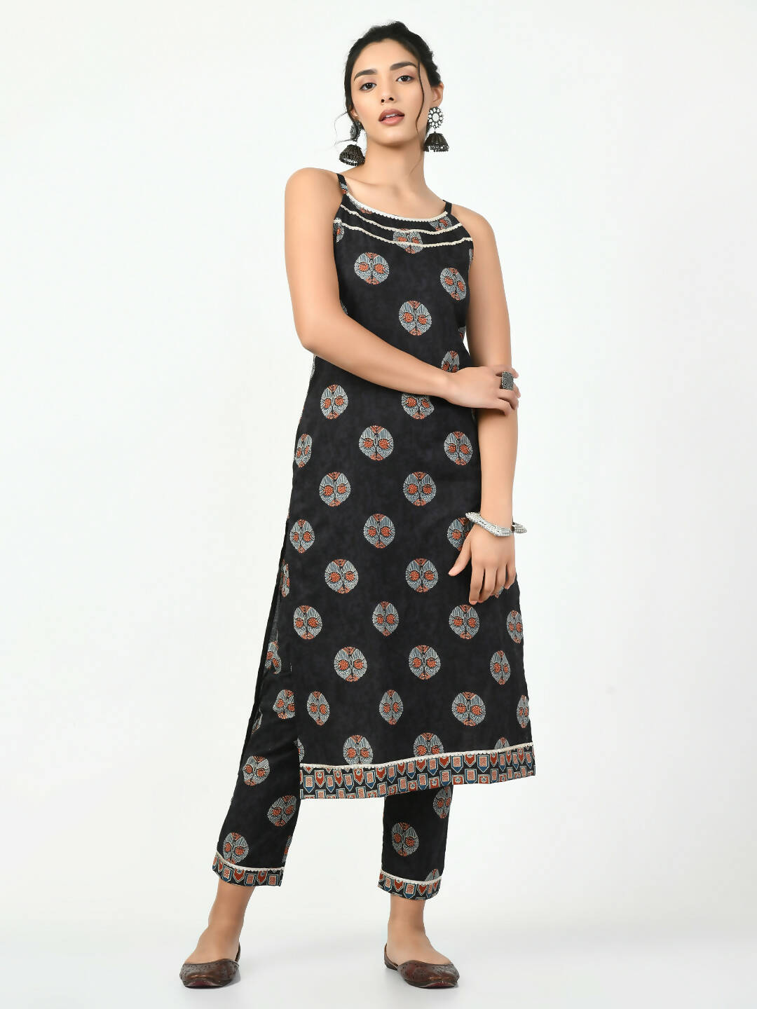 Myshka Women's Black Printed Kurta With Trouser - Distacart