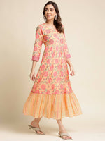 Thumbnail for Peach Cotton Floral Printed Fit & Flare Dress - Yukti - Distacart