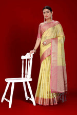 Thumbnail for Yellow Soft Organza Woven Design Saree With Unstitched Blouse Piece - Zaara - Distacart