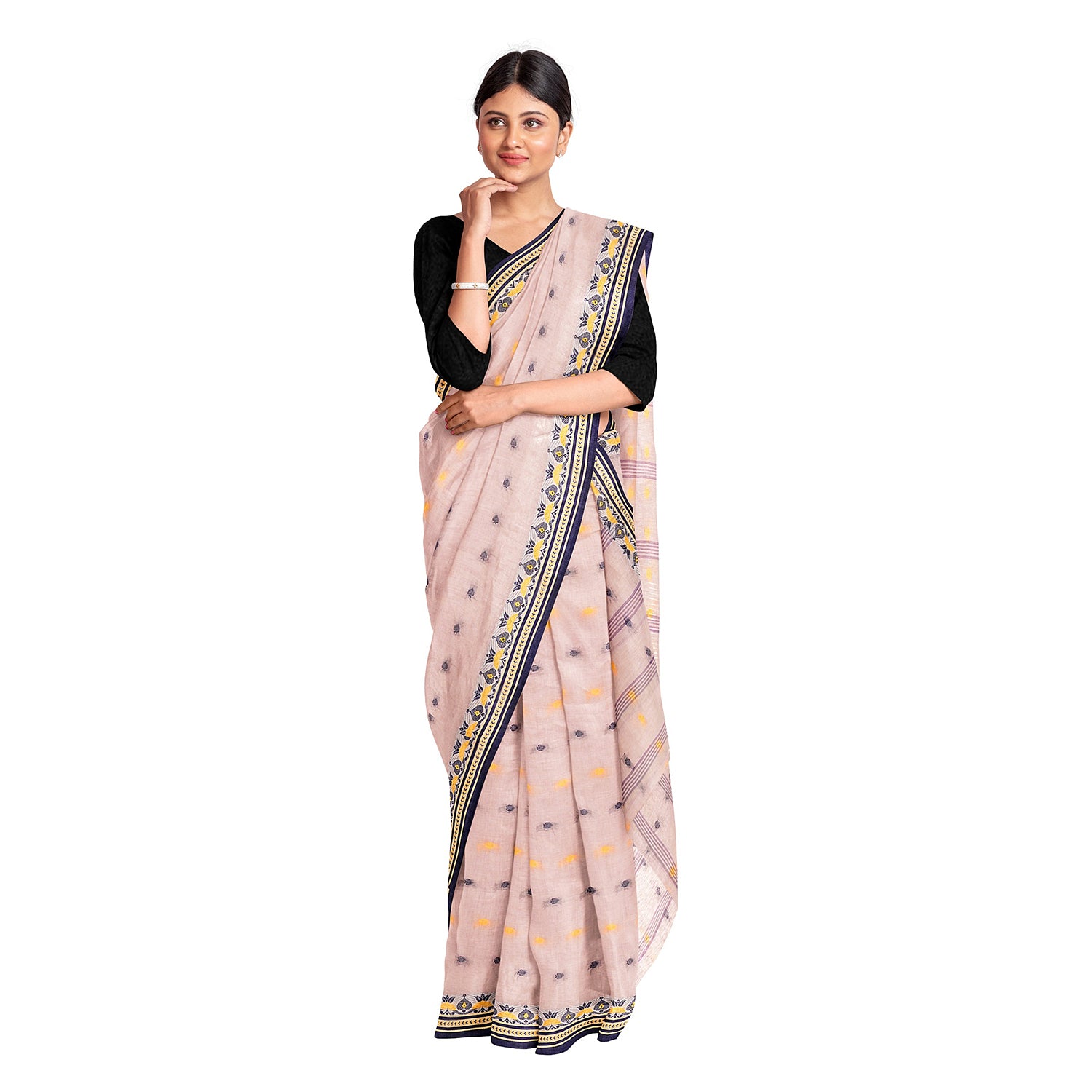 Exclusive Collection 100% Pure Cotton Cream Tant Saree With Hand Weaving Work - Distacart