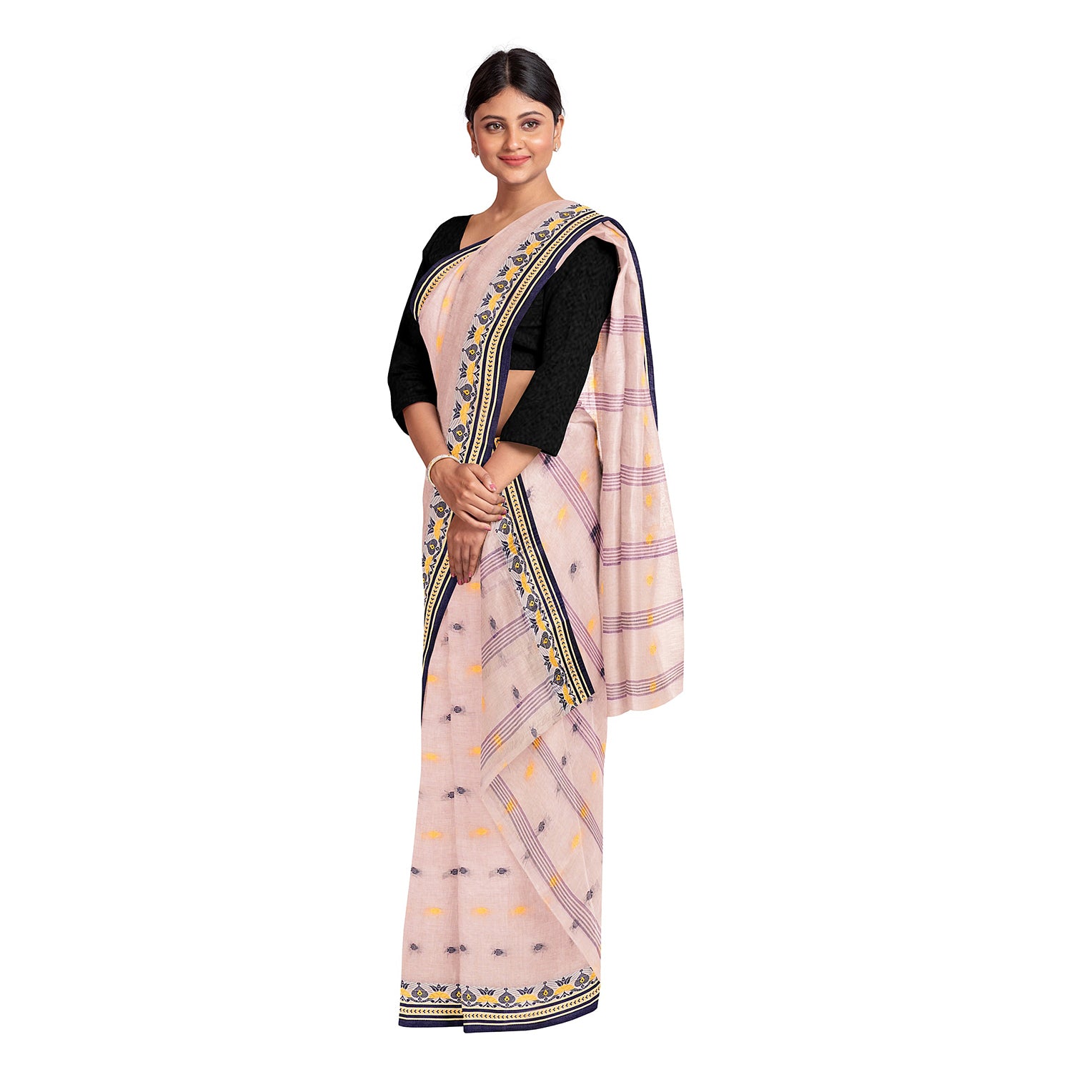 Exclusive Collection 100% Pure Cotton Cream Tant Saree With Hand Weaving Work - Distacart