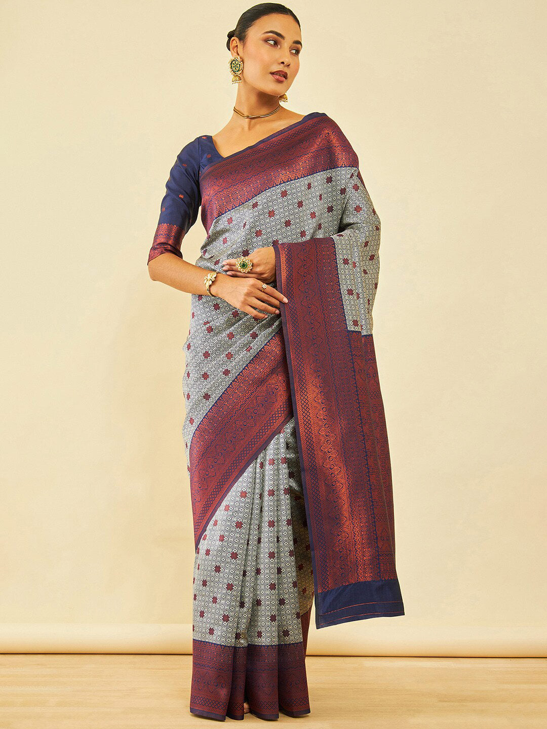 Soch Grey & Pink Ethnic Motifs Woven Design Zari Saree - Distacart