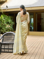 Thumbnail for Mitera Yellow & White Floral Embroidered Zari Pure Linen Banarasi Saree - Distacart