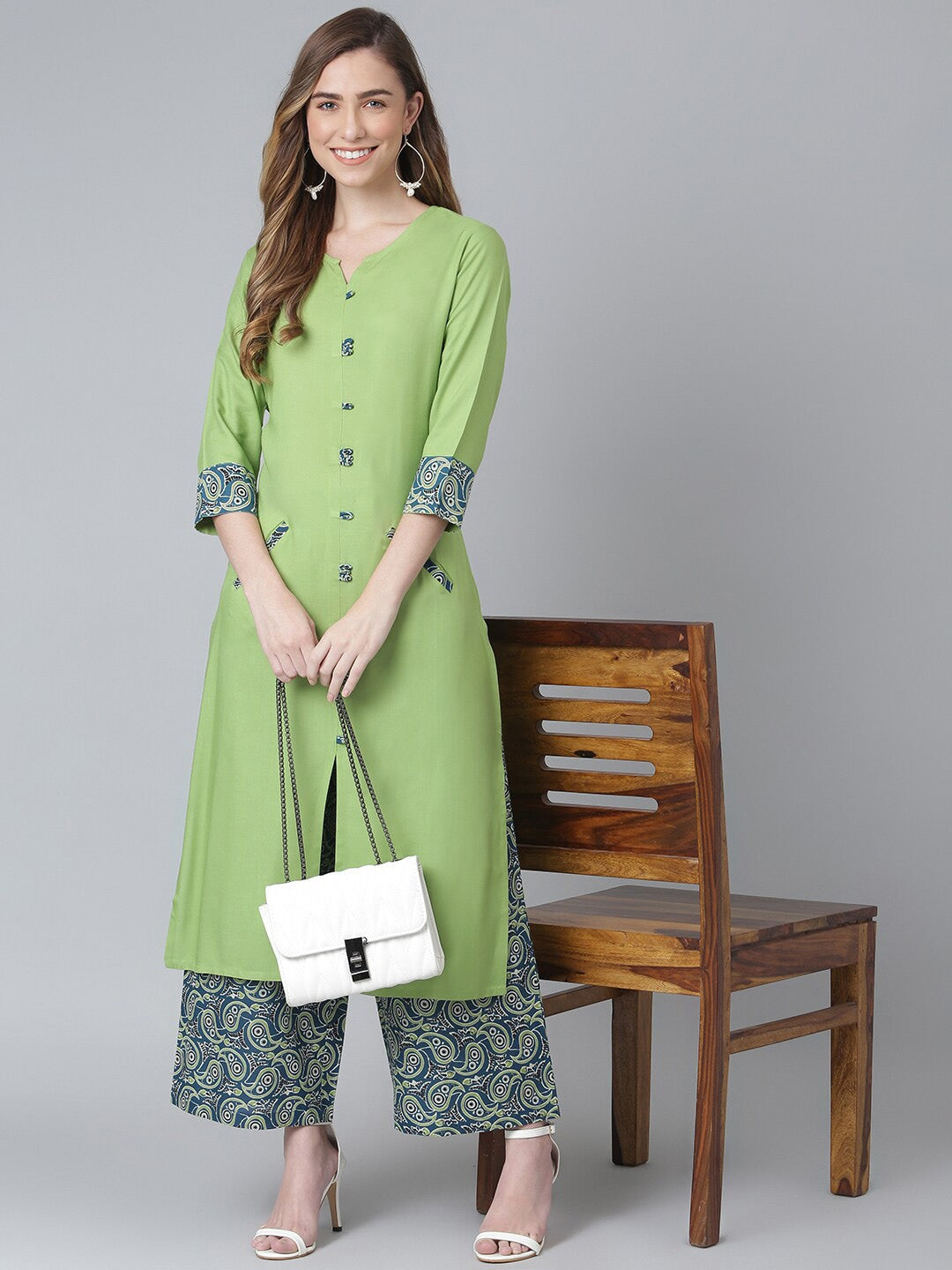 Khushal K Women Green Paisley Patchwork Kurta with Palazzos - Distacart