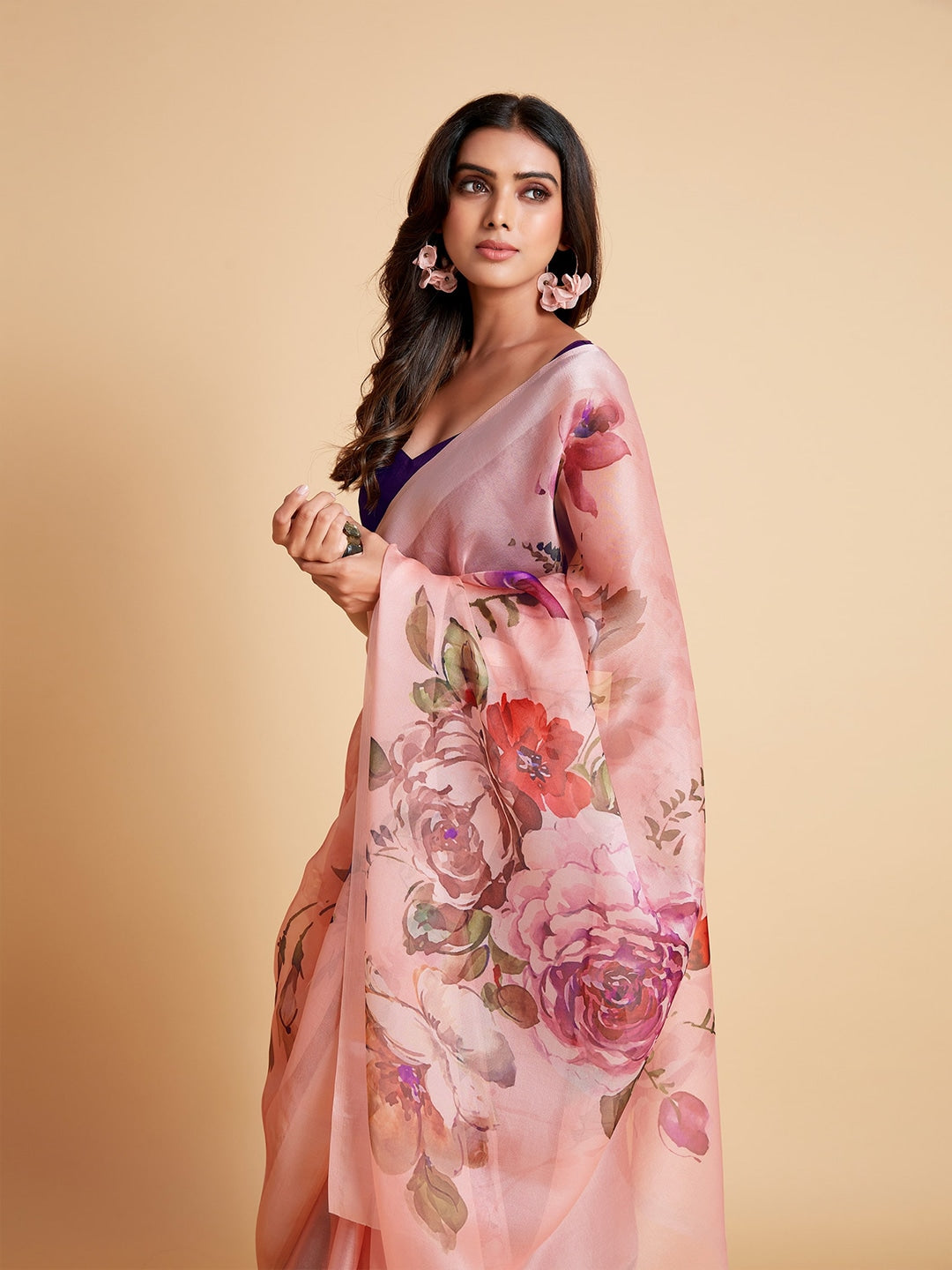 Sangria Peach-Coloured & Purple Floral Organza Saree - Distacart