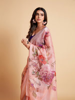 Thumbnail for Sangria Peach-Coloured & Purple Floral Organza Saree - Distacart
