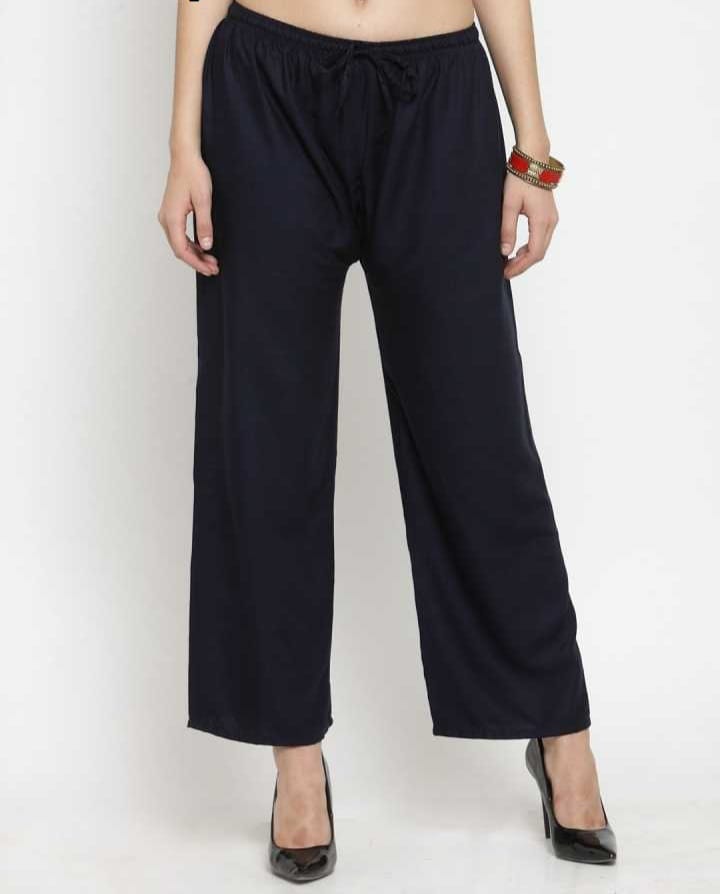 PAVONINE Navy Blue Color Straight Fit Rayon Fabric Palazzo For Women - Distacart