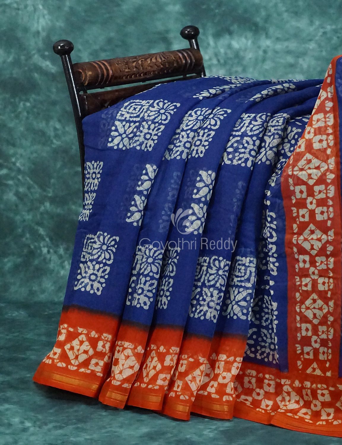Mix of Blue and Orange Batik Printed Semi Chanderi Saree By Gayathri Reddy Designer Studio - Distacart