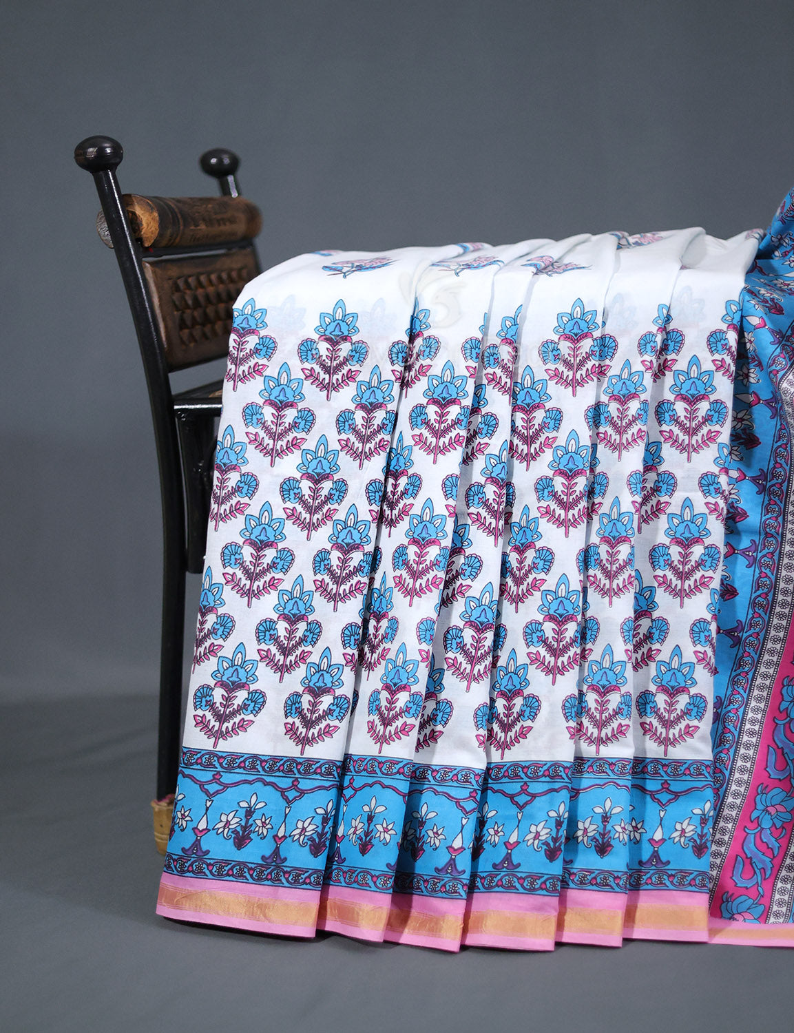 White And Cloud Blue Printed Cotton Sareecotton Saree-C569 By Gayathri Reddy Designer Studio - Distacart
