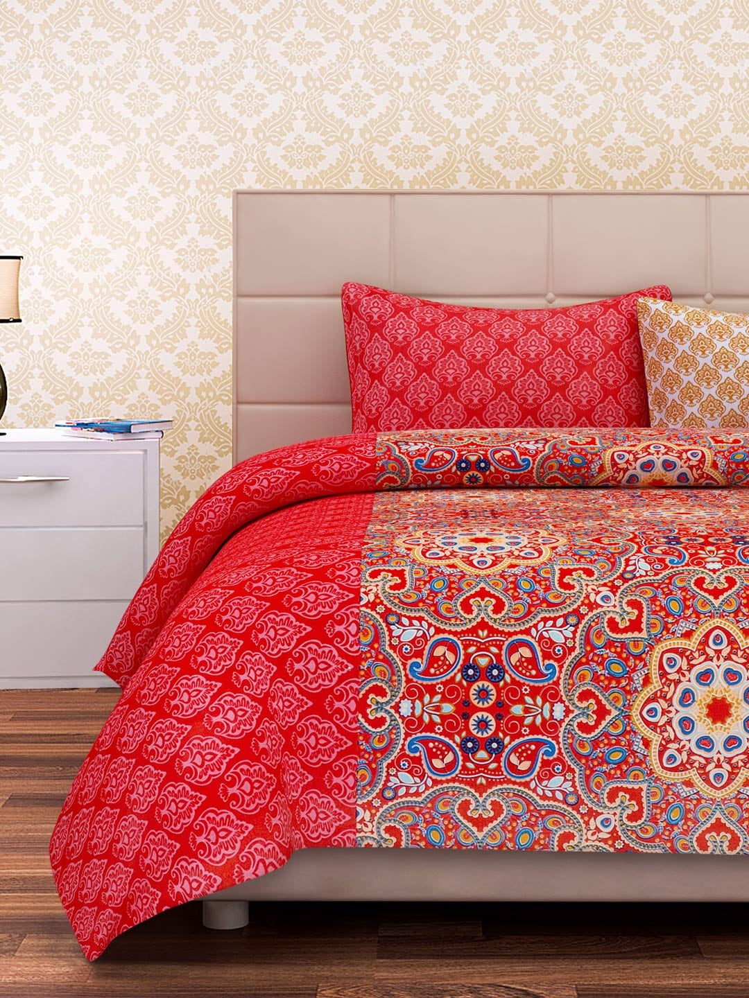 SEJ by Nisha Gupta Red Printed 180 TC Cotton Double Bedsheet with 2 Pillow Covers - Distacart
