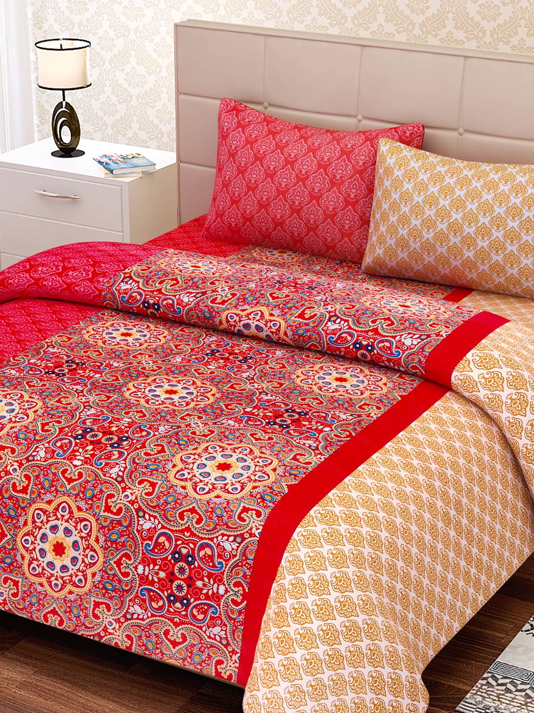 SEJ by Nisha Gupta Red Printed 180 TC Cotton Double Bedsheet with 2 Pillow Covers - Distacart