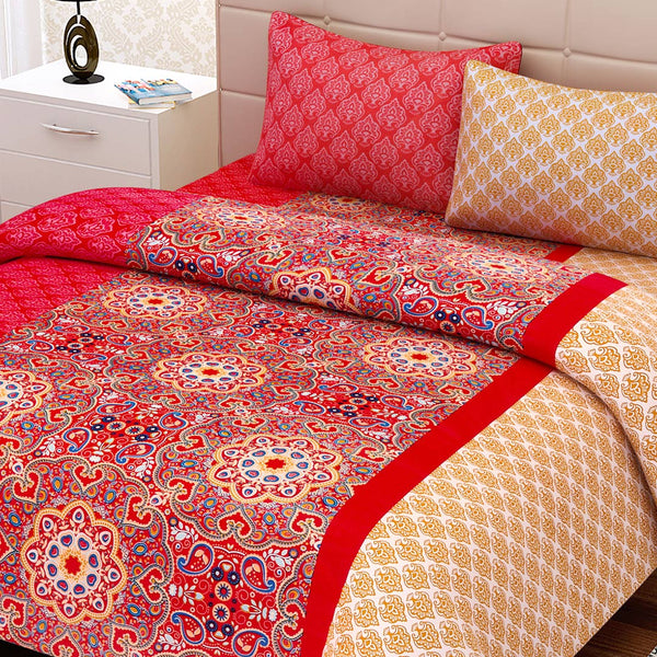 SEJ by Nisha Gupta Red Printed 180 TC Cotton Double Bedsheet with 2 Pillow Covers - Distacart