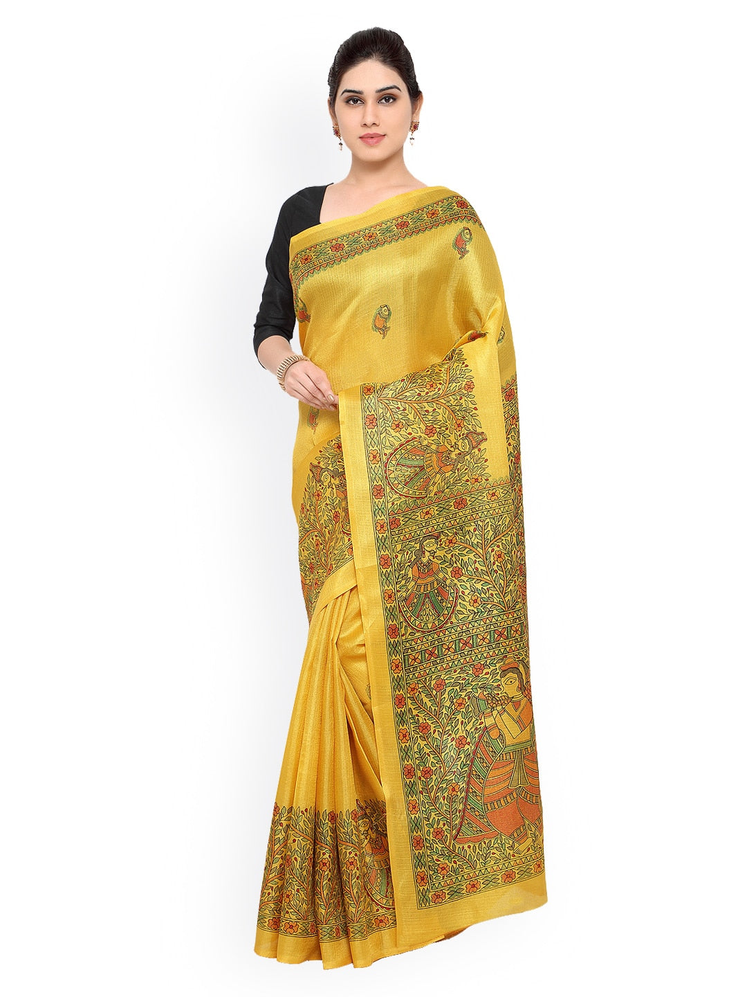 Saree Mall Yellow Art Silk Madhubani Print Saree - Distacart