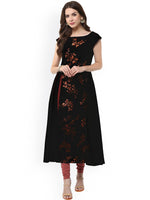 Thumbnail for Janasya Black Floral Print A-Line Kurta - Distacart
