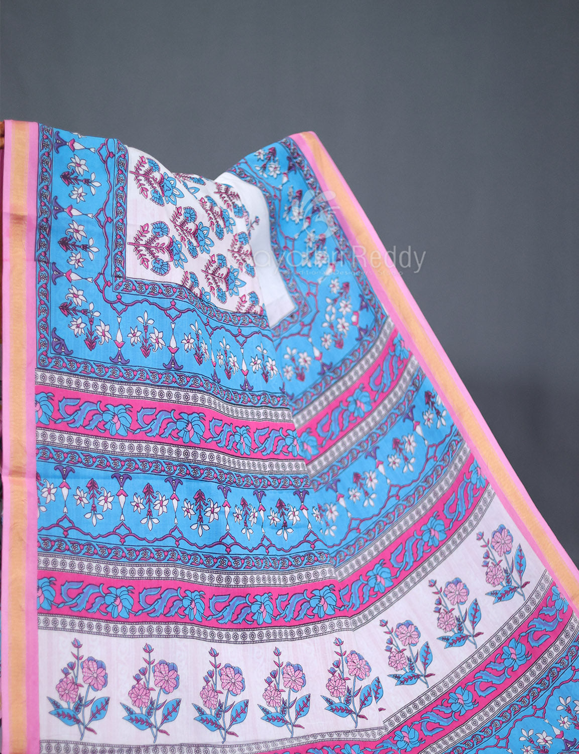 White And Cloud Blue Printed Cotton Sareecotton Saree-C569 By Gayathri Reddy Designer Studio - Distacart