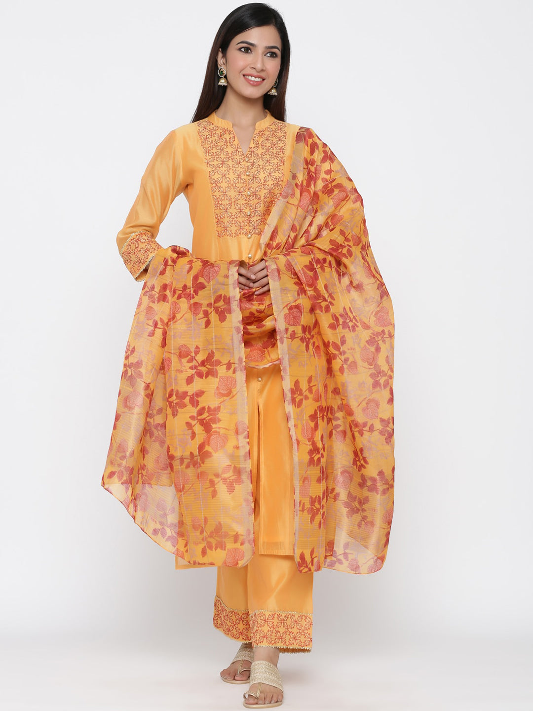 Jaipur Kurti Women Yellow & Pink Yoke Design Kurta with Palazzos & Dupatta - Distacart