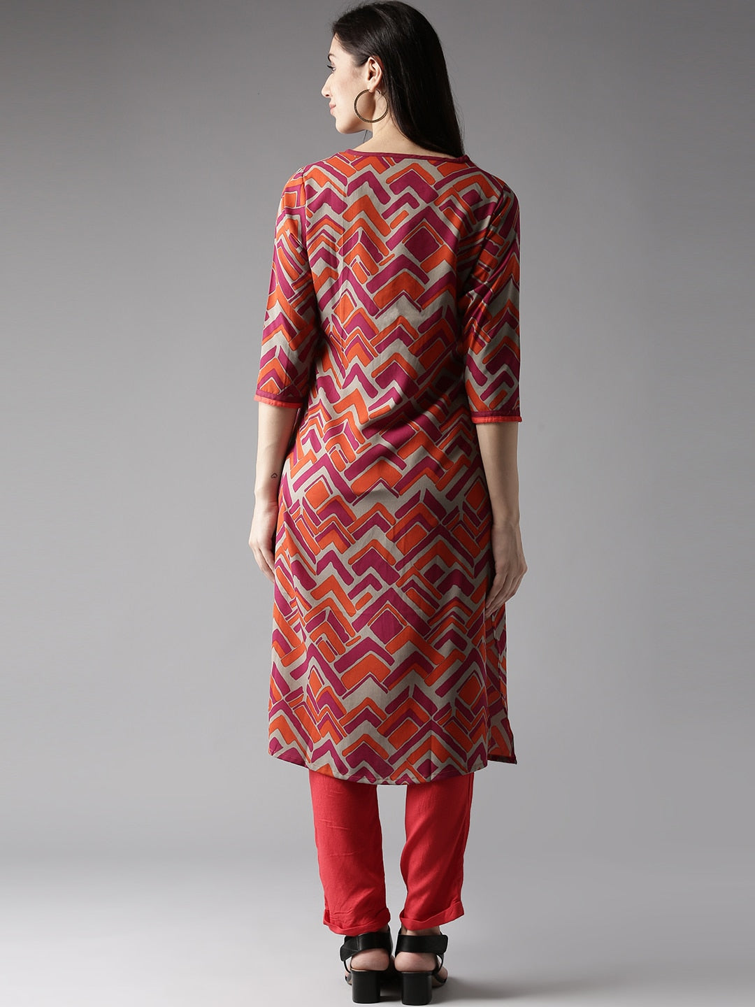 HERE&NOW Women Orange & Grey Printed Straight Kurta - Distacart