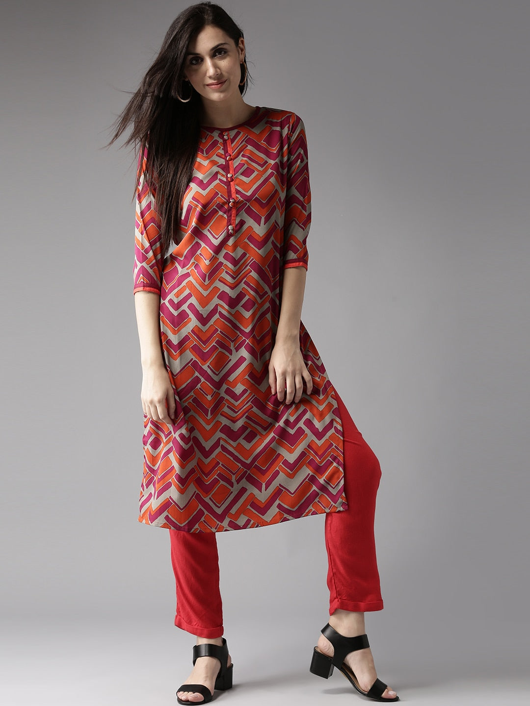 HERE&NOW Women Orange & Grey Printed Straight Kurta - Distacart