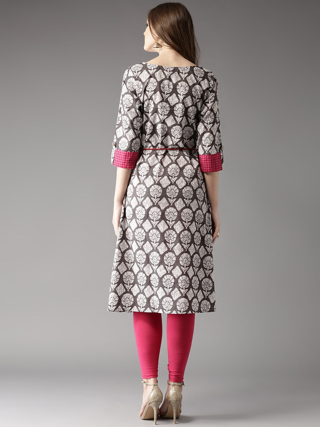 HERE&NOW Grey & White Ethnic Motifs Printed Cotton Kurta - Distacart