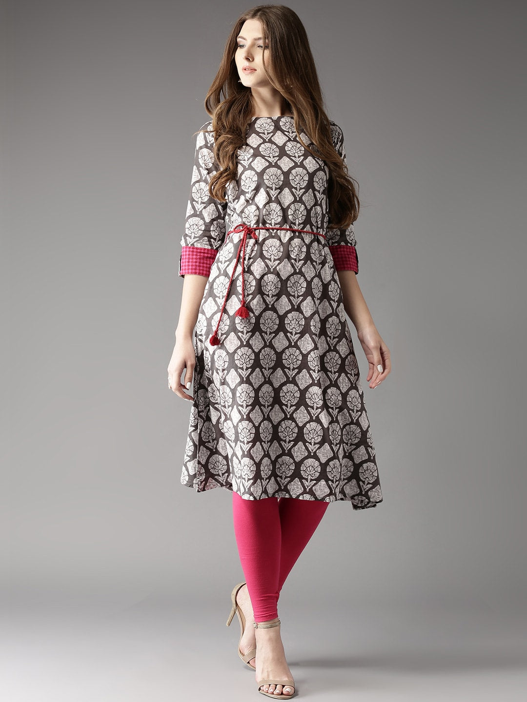 HERE&NOW Grey & White Ethnic Motifs Printed Cotton Kurta - Distacart