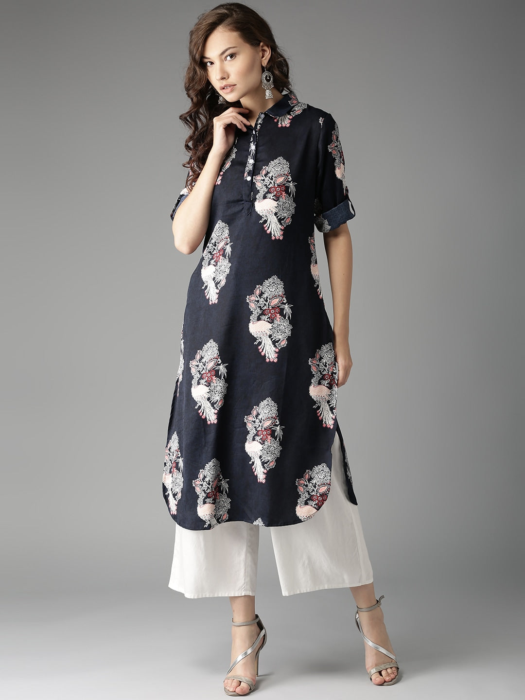 HERE&NOW Women Navy Printed Straight Kurta - Distacart