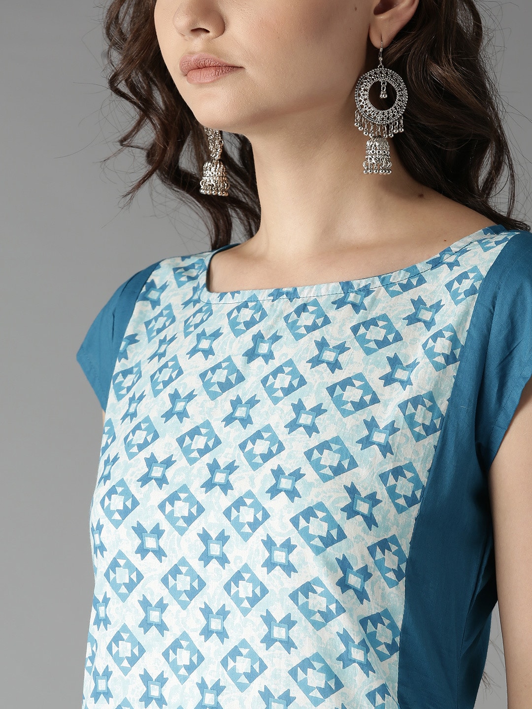 HERE&NOW Women Blue & Off-White Printed Straight Kurta - Distacart