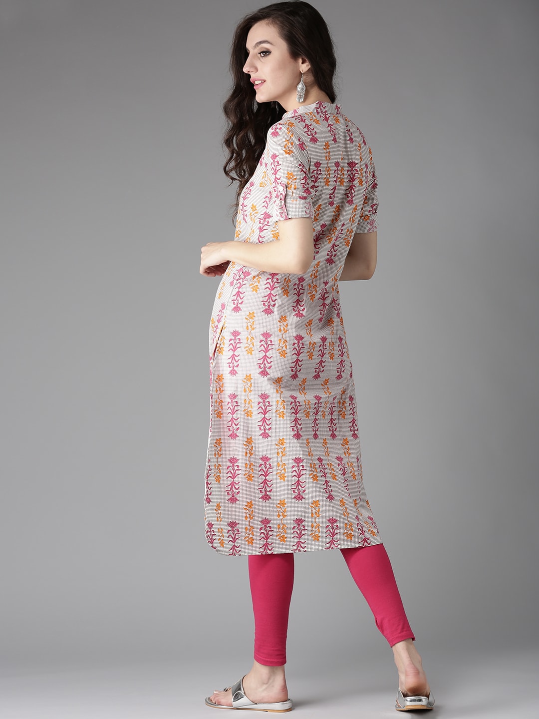 HERE&NOW Women Grey & Pink Printed Straight Kurta - Distacart