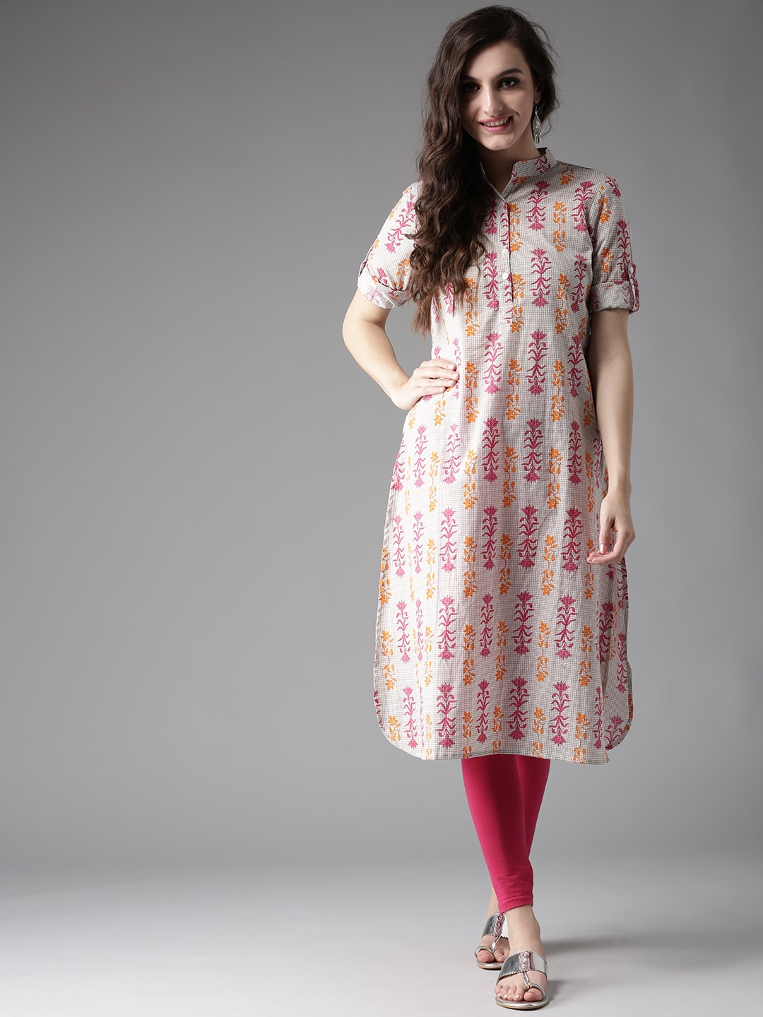 HERE&NOW Women Grey & Pink Printed Straight Kurta - Distacart