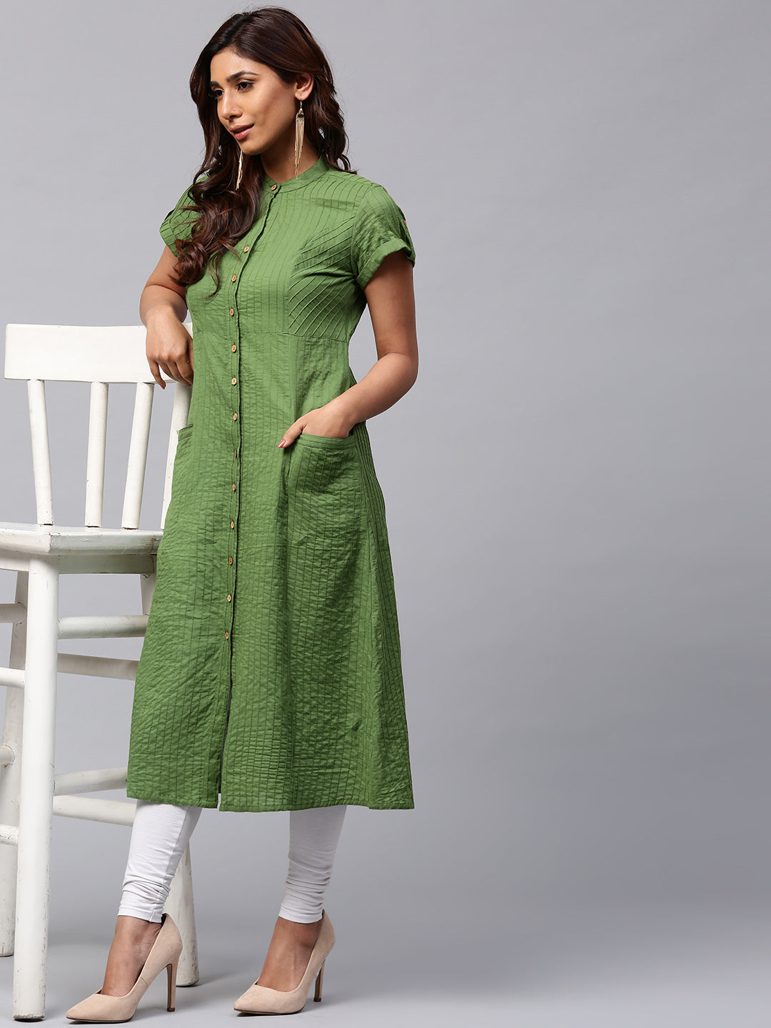 Jaipur Kurti Women Green Self-Striped A-Line Kurta - Distacart