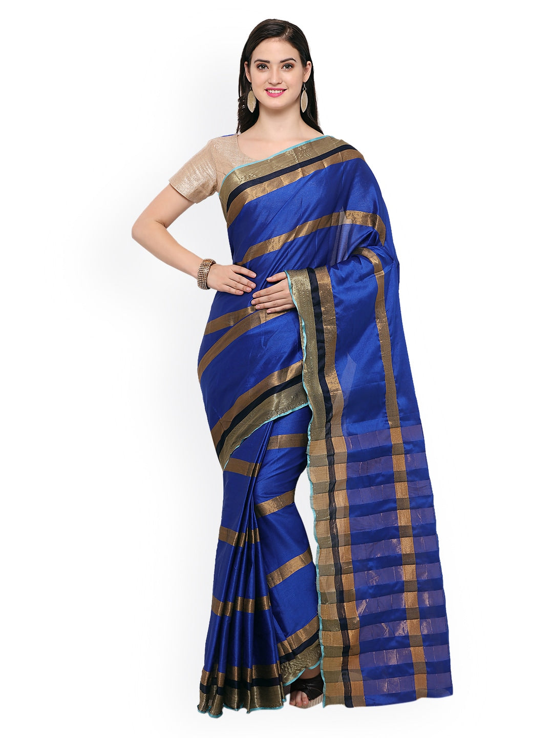 Saree Mall Blue Striped Silk Blend Saree - Distacart