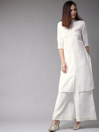 Here&Now Women White Solid Straight Kurta