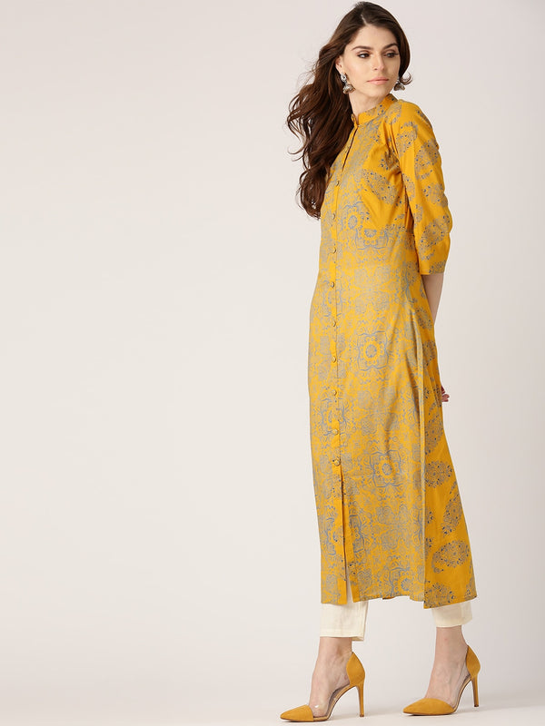 description libas mustard yellow blue printed a line kurta size fit the