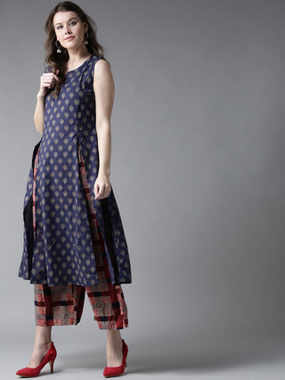 HERE&NOW Women Navy Blue & Maroon Printed Kurta with Palazzos - Distacart