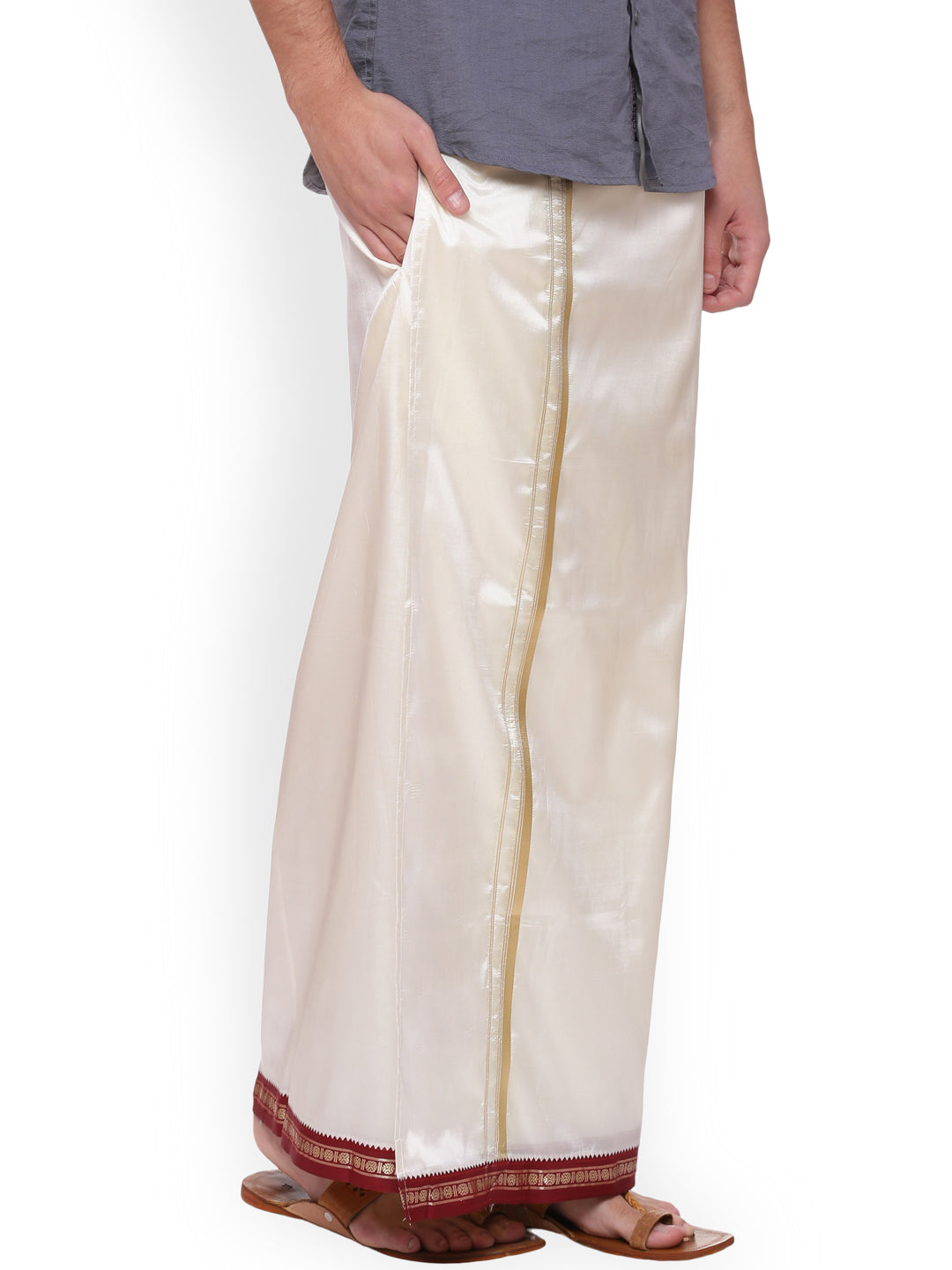 Sethukrishna Men Cream Solid Double Layer Readymade Dhoti With Pocket - Distacart