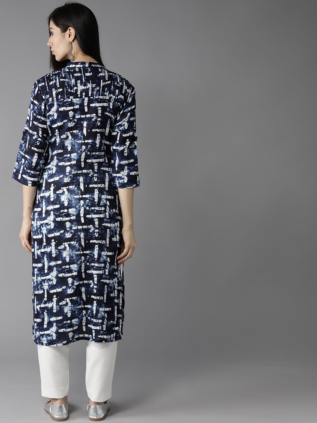 HERE&NOW Women Navy Blue & Off-White Printed Straight Kurta - Distacart