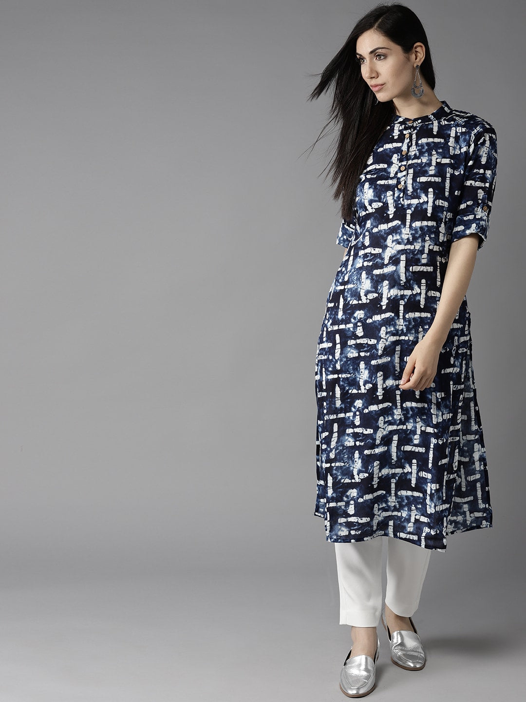 HERE&NOW Women Navy Blue & Off-White Printed Straight Kurta - Distacart