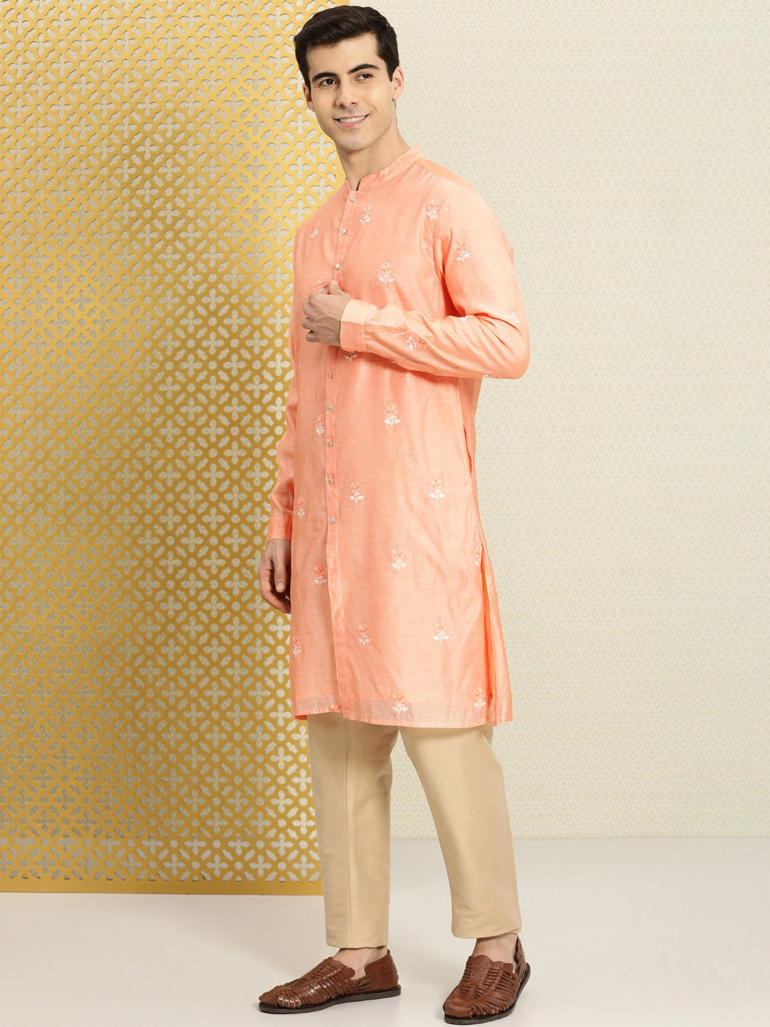 House of Pataudi Men Peach-Coloured Floral Embroidered A-Line Kurta - Distacart