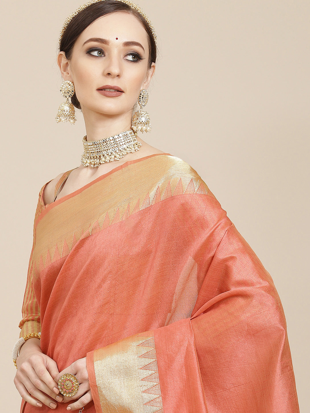 Kalini Coral & Golden Woven Design Saree - Distacart