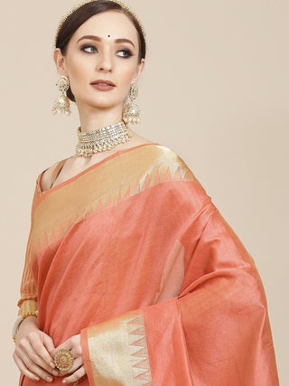 Kalini Coral & Golden Woven Design Saree - Distacart
