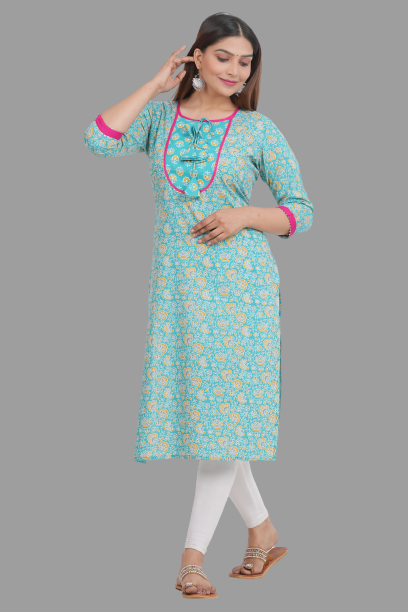 House of RP Women's AquaBlue Rayon Floral Print Kurta - Distacart