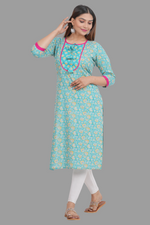 Thumbnail for House of RP Women's AquaBlue Rayon Floral Print Kurta - Distacart