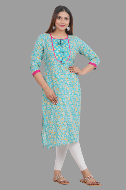 House of RP Women's AquaBlue Rayon Floral Print Kurta - Distacart