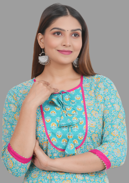 House of RP Women's AquaBlue Rayon Floral Print Kurta - Distacart