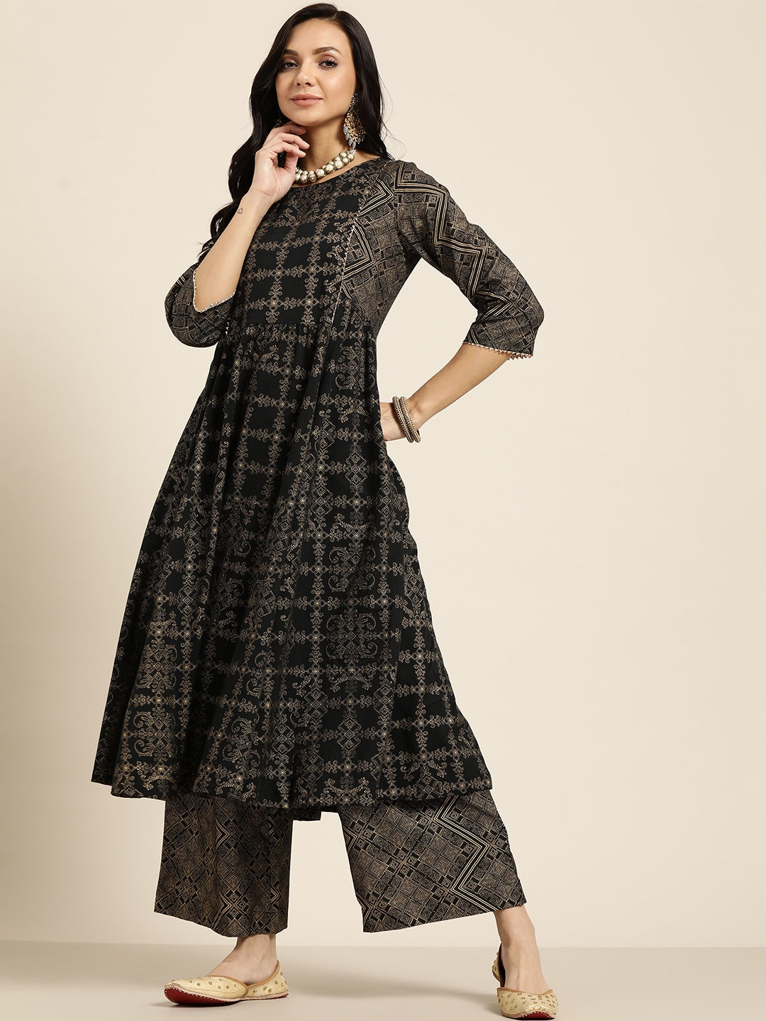Sangria Women Black & Golden Ethnic Motifs Printed Pure Cotton Kurta with Palazzos - Distacart