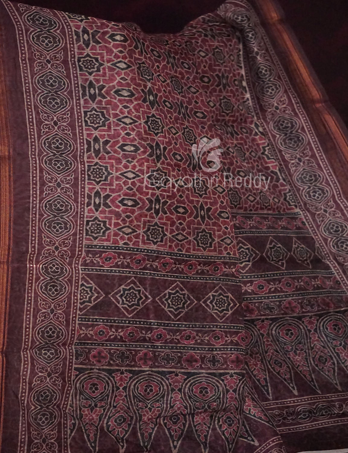 Red Onion Colour Ajrakh Design Semi Chanderi Saree By Gayathri Reddy Designer Studio - Distacart