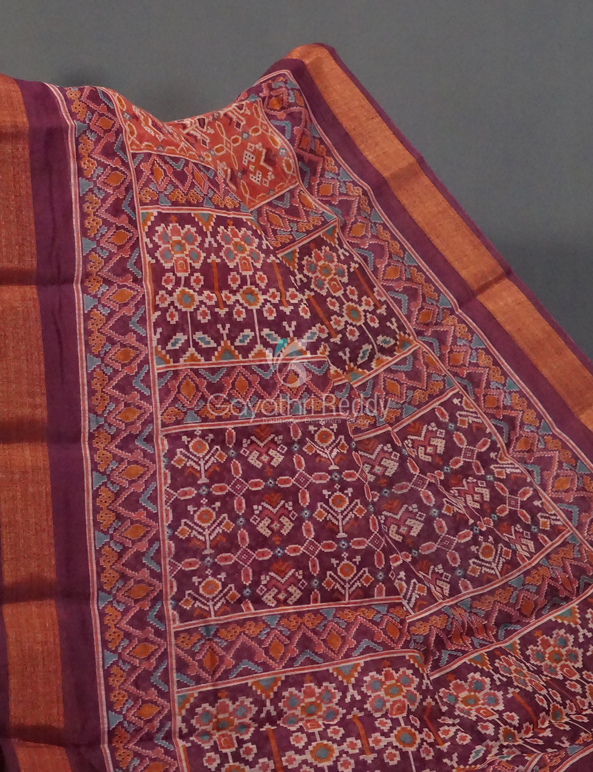 Orange And Mauve Burgundy Colour Patola Print Semi Chanderi Saree By Gayathri Reddy Designer Studio - Distacart